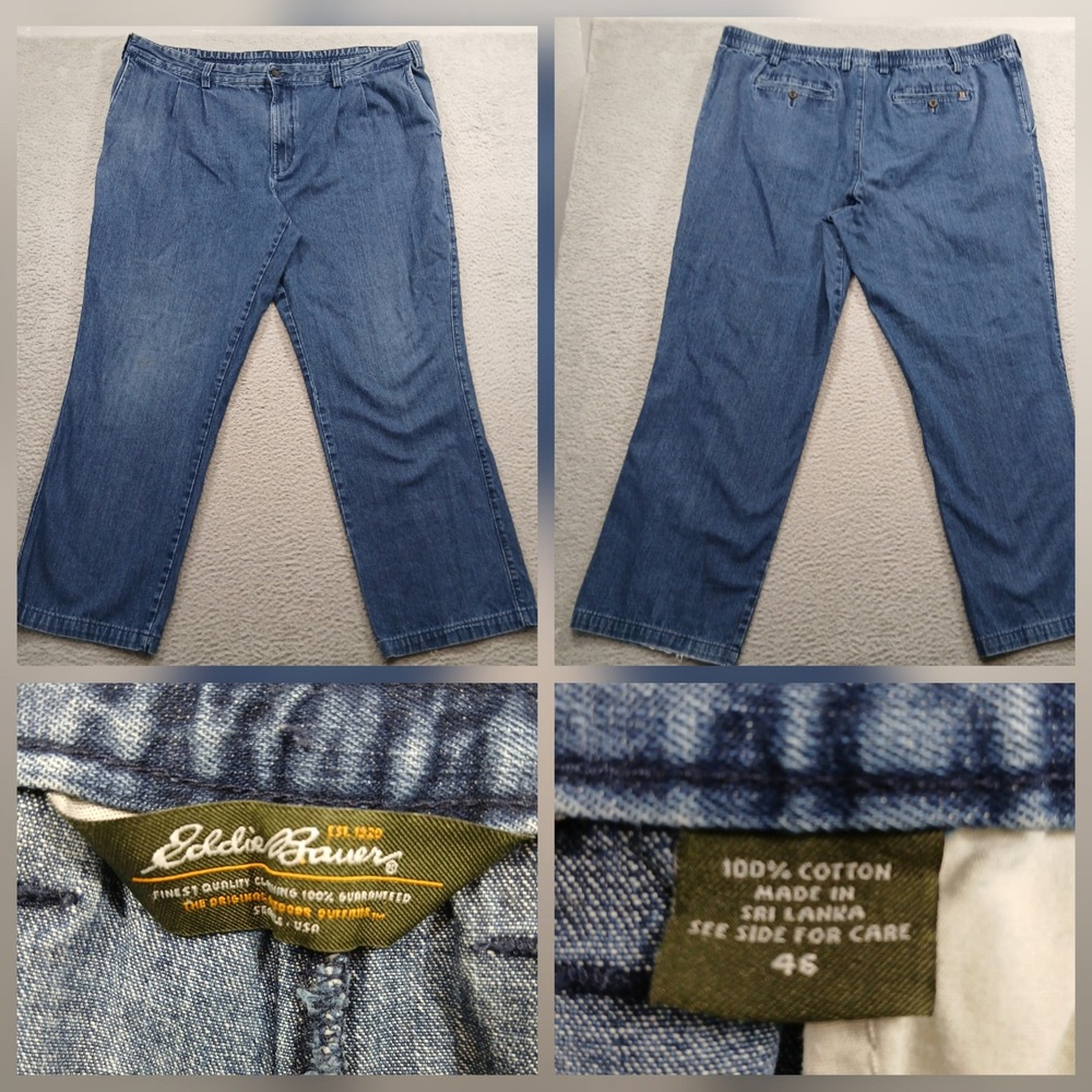 Eddie Bauer Mens Pleated Denim Pants 46 Blue 100% Cotton Elastic‎ Waist EUC
